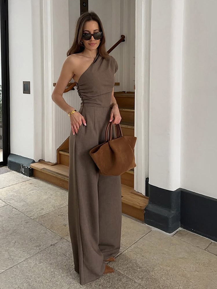 2025 verano nuevo estilo color sólido de alta calidad hombro oblicuo plisado asimétrico mono transfronterizo comercio exterior europeo y americano ropa de mujer image 7