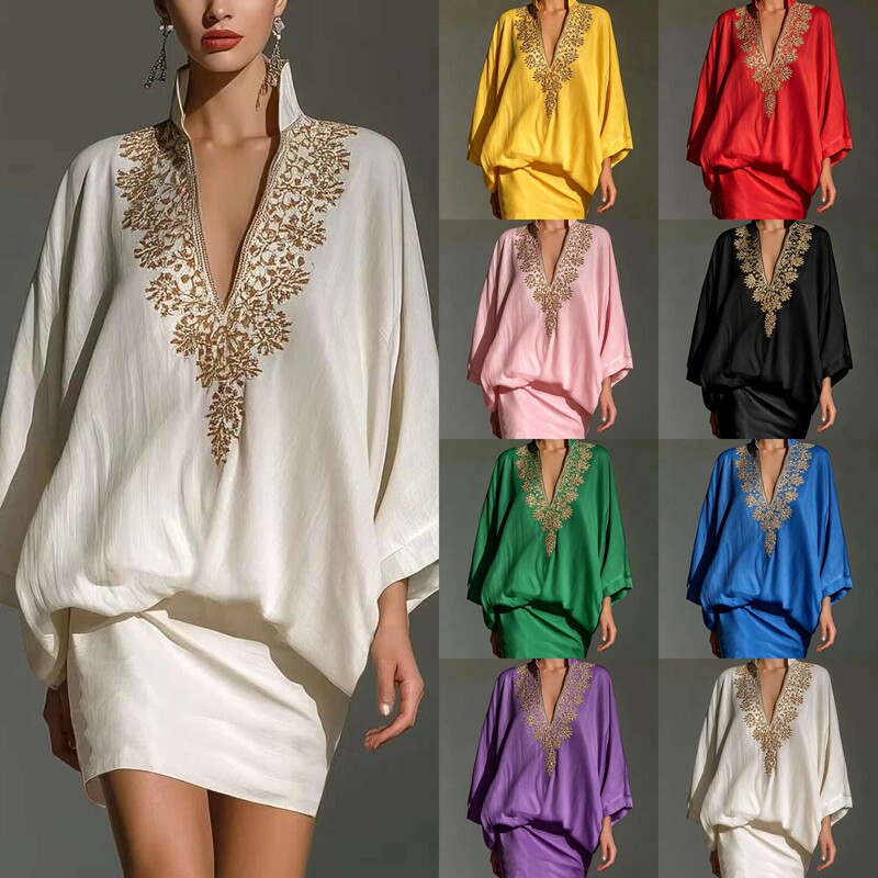 Cross-Border 2026 Retro Full-Color Printed Stand-Collar Batwing Sleeve Two-Piece Set with a Light Luxury Vibe, Loose Satin Short Skirt Set