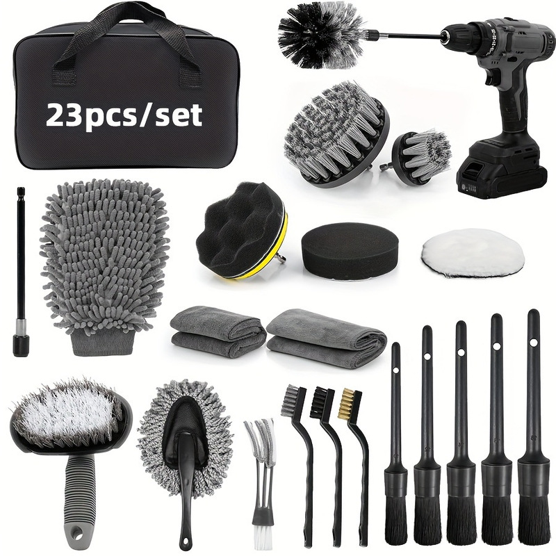 Cross-Border Hot Selling Gray Car Cleaning Brush 23-Piece Set Electric Drill Brush Tire Brush Suitable for Car Cleaning and Polishing