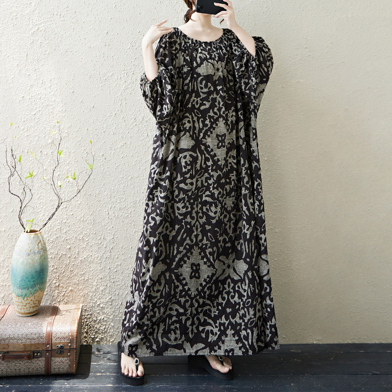 Ready-Made Large Size Artistic Printed Dress, Loose and Slimming, Holiday Style Robe, Large Version, Lantern Sleeve Long Skirt Ready-Made Large Size Artistic Printed Dress, Loose and Slimming, Holiday Style Robe, Large Version, Lantern Sleeve Long Skirt