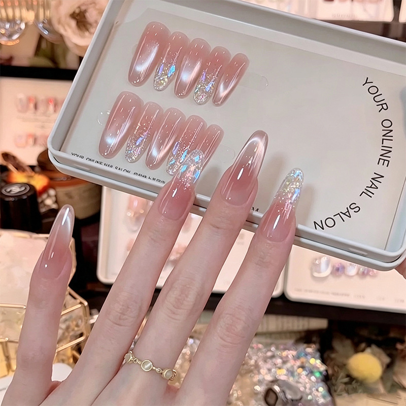 Nude color press-on nails, purely handmade, high-end cat-eye effect, brightening aurora crushed diamond medium-long false nails wholesale