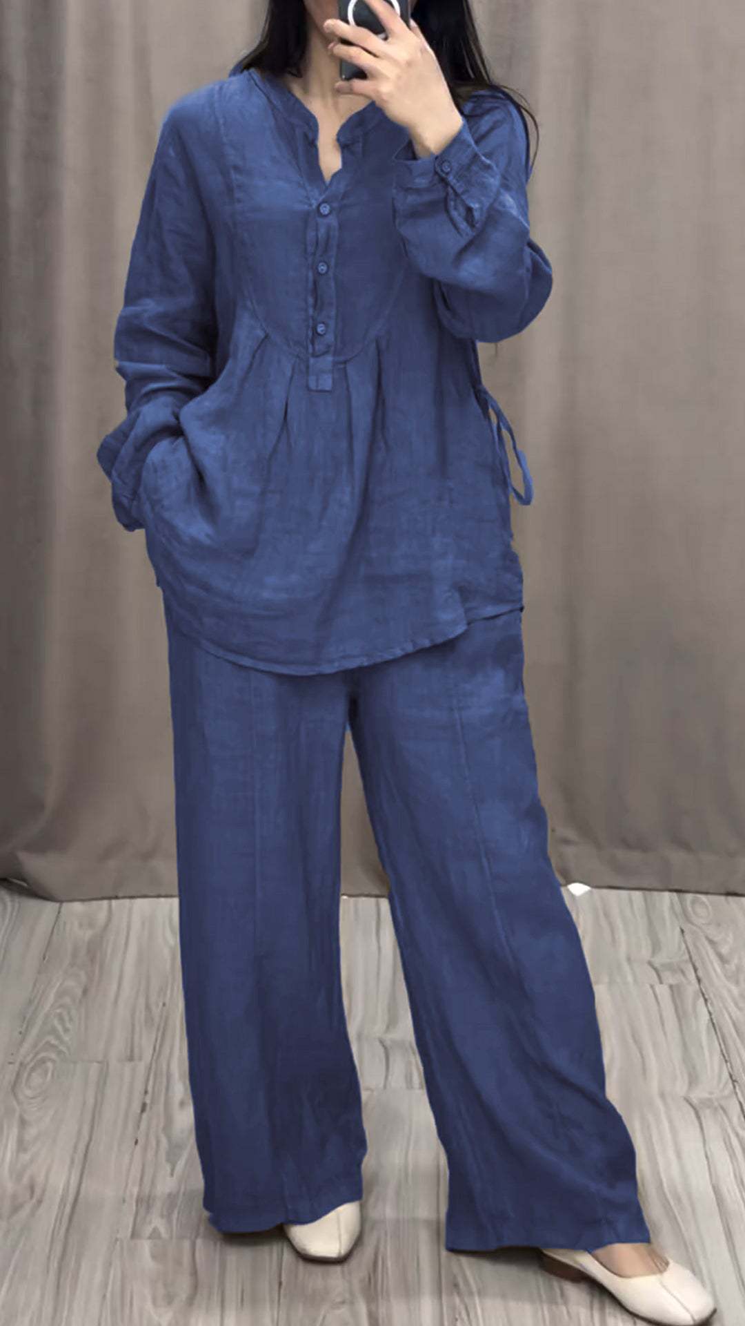 Women's Clothing Fashionable And Comfortable Women's Cotton Linen Suit Long Sleeved Half Open Casual Pleated Wide Leg Pants Autumn_ecoleips.com