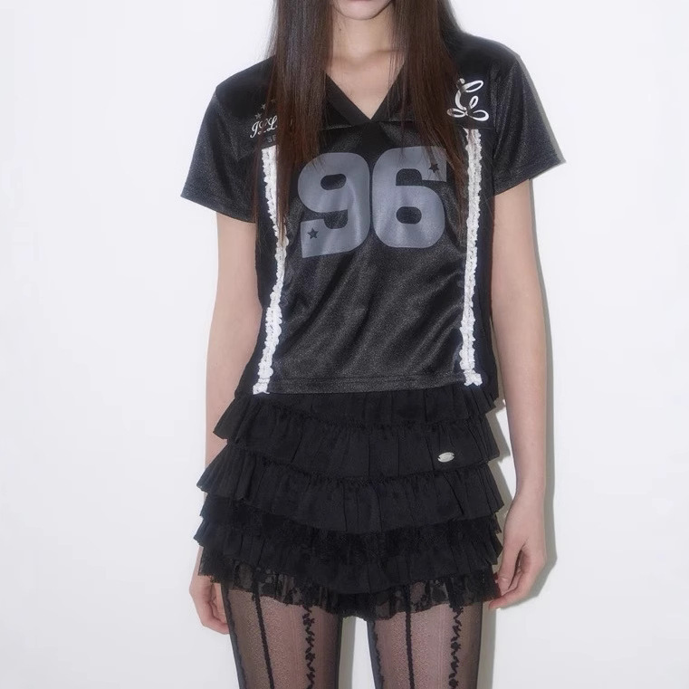 Spot 25 Summer Korean Designer Trendy Brand Sweet and Cool Style Spliced Lace Short Short-Sleeved V Neck Jersey T-Shirt for Women