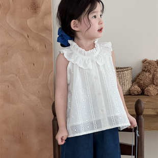 Xifan 25 Summer New Children's Western Style Embroidered Hollow Sleeveless Shirt Girls' Baby Stand Collar Lace Elegant Top