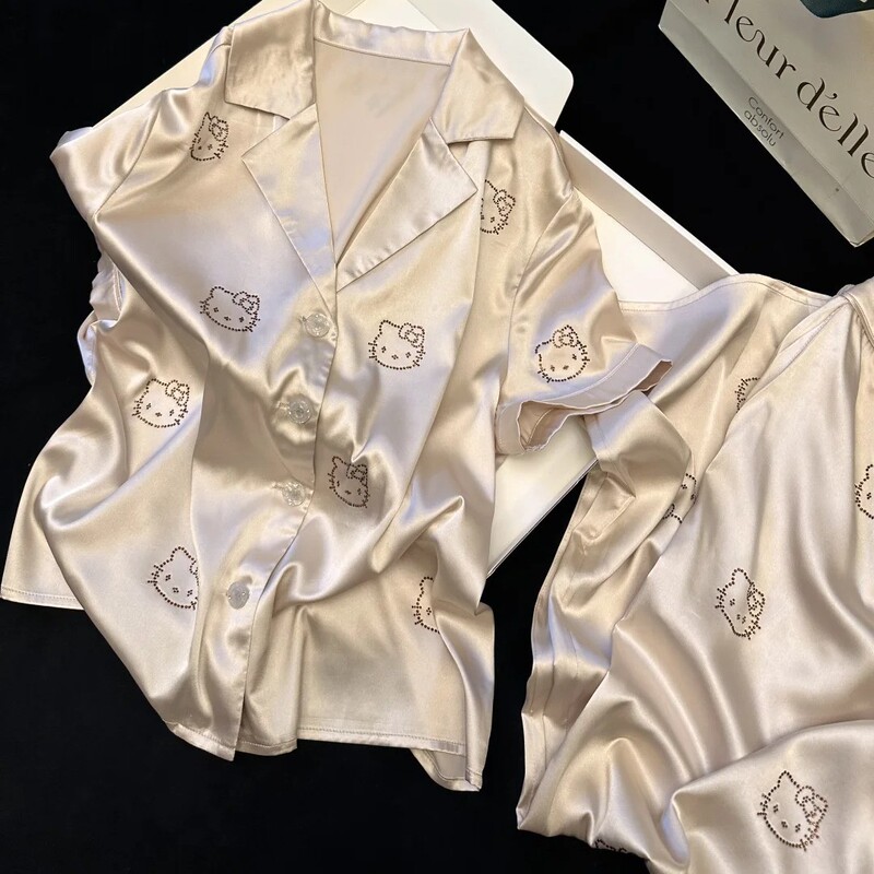 French-Style High-End Kitty Rhinestone Ice Silk Pajamas for Women, 2026 Summer Thin Short-Sleeve Shorts Loungewear Set