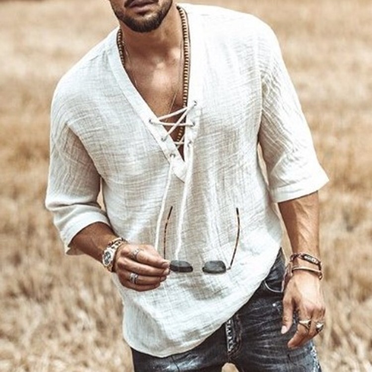 2026 European and American New Style Wish Amazon Hot-Selling Men's Chest-Tie Eyelet Sleeve T-Shirt Shirt