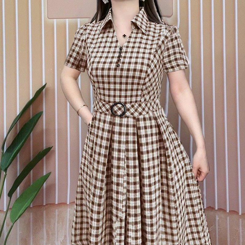 High-end Dress Women's 2023 Summer New Waist Slimming Plaid Mid-length Dress Fashionable Short-sleeved Elegant Women's Dress