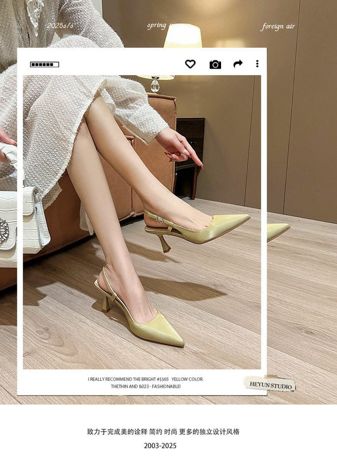 Giày sandal nữ bít mũi mũi nhọn gót mảnh quai ngang, gót 6–8 cm — Màu nâu, Màu trắng be, Màu vàng nhạt chi tiết 3