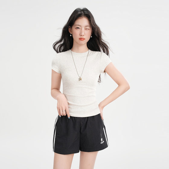 Jiyou Small Basic Simple Round Neck Shoulder Short-sleeved T-shirt Women's Summer High-end Age-reducing Casual Top