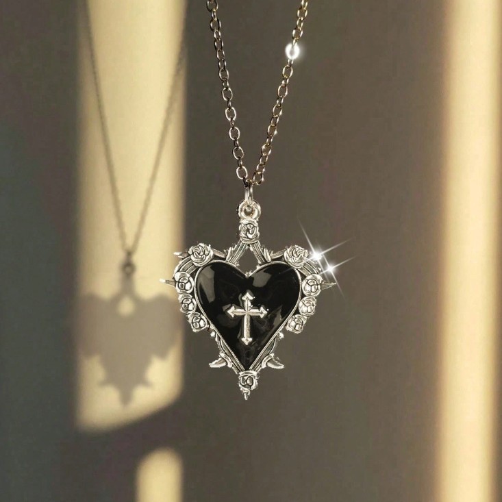 Cross-Border Export Retro Gothic Style New Heart-Shaped Wing Bat Punk Y2K Cross Heart-Shaped Flower Heart-Shaped Necklace