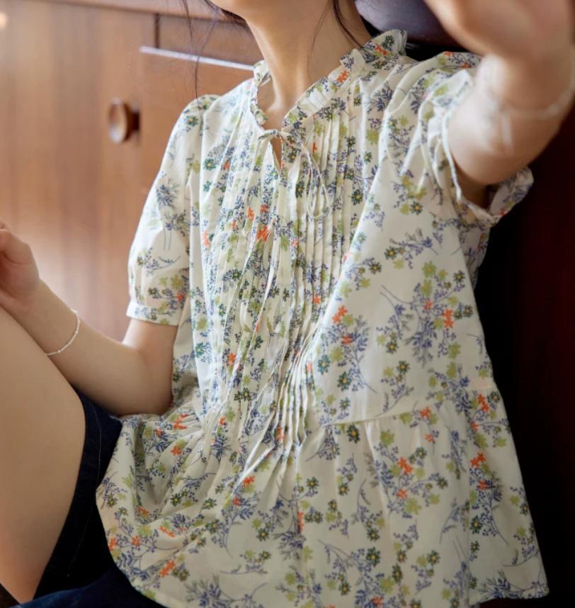 Áo sơ mi nữ hoa nhí tay ngắn cổ nơ ren Pháp — Rừng hoa chi tiết 17