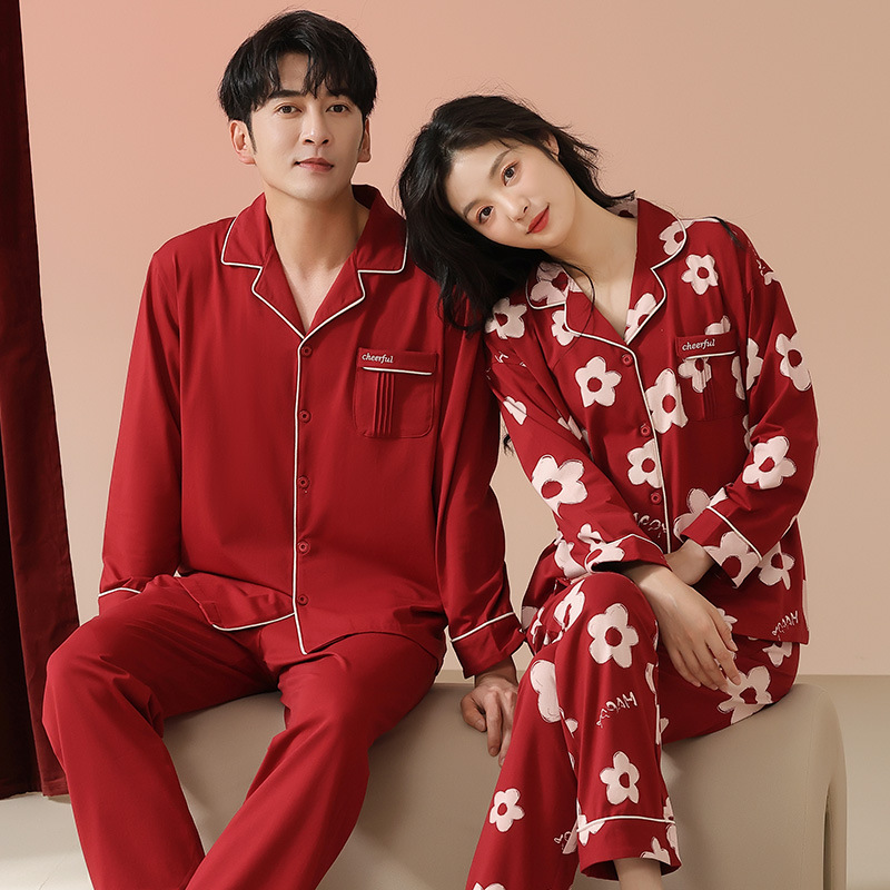 High-grade antibacterial pure cotton spring and autumn red couple pajamas wedding birth year long sleeve men's and women's home wear suit