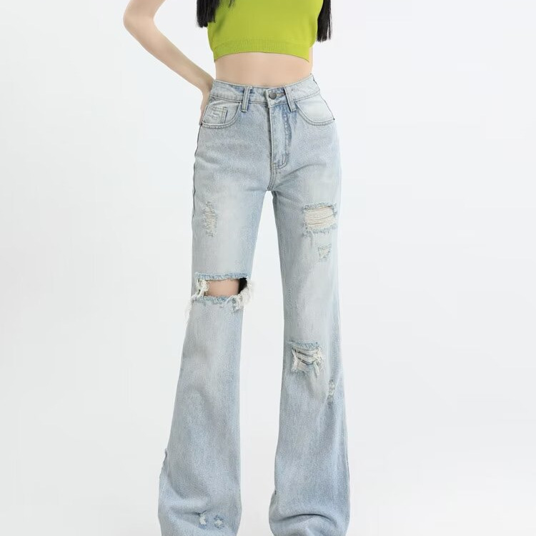 Light Blue Frayed Hem Flared Ripped Jeans for Women, New Summer Style, Washed, Slimming, Trendy Design, Floor-Length Bootcut Pants