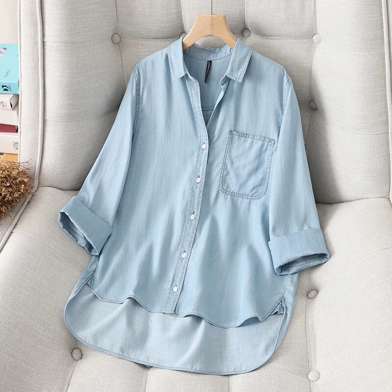 Summer Thin 100% Lyocell Tencel Denim Shirt for Women, Light-Colored New Style Loose Polo Collar Sun Protection Shirt