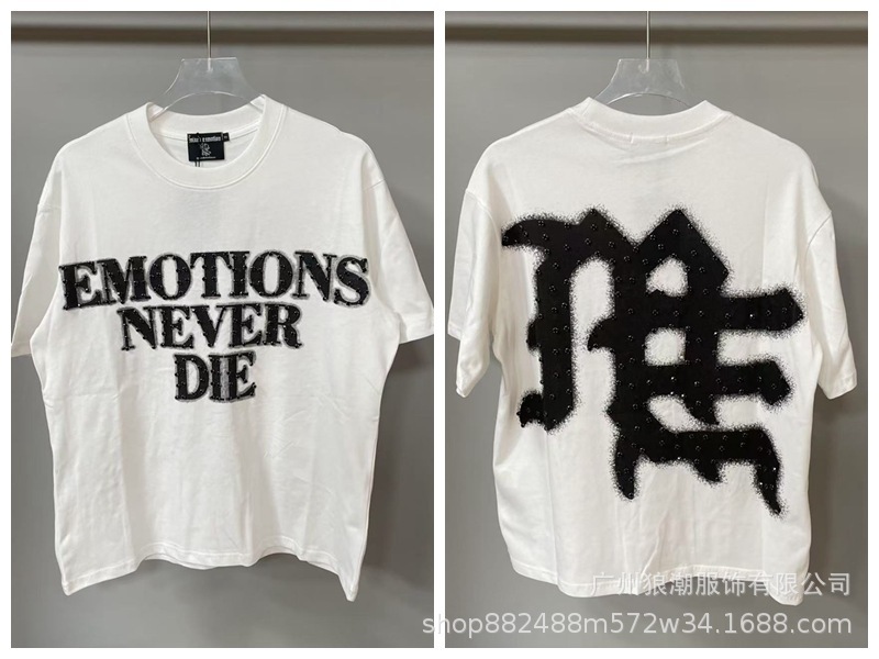 MIXED EMOTION レトロホットダイヤモンドプリントロゴ美しいトレンディなラウンドネックルーズカジュアル半袖Tシャツ男性と女性用|undefined