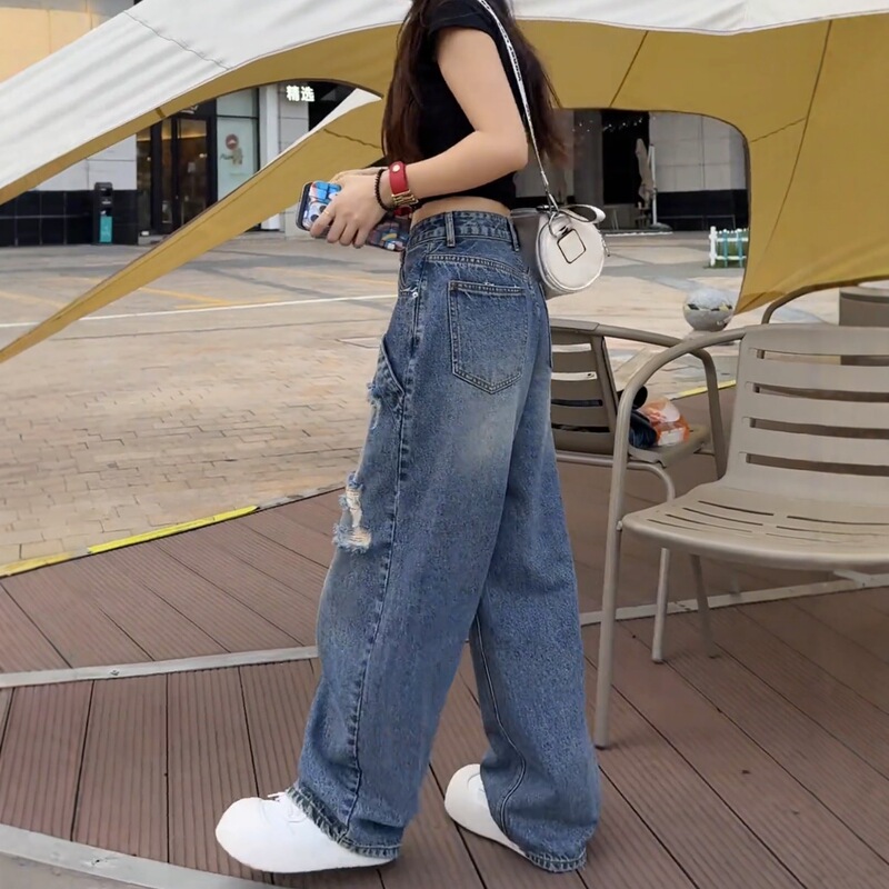 大码破洞阔腿牛仔裤女2025新款复古胖mm显瘦宽松美式直筒弯刀裤子|undefined