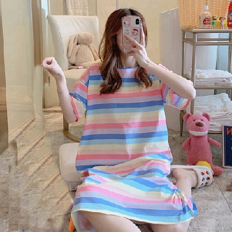 Summer Cross-border Running Cheap Short-sleeved Nightgown Women's Loose Rainbow Strip Cute Milk Silk Loose Large Size Home Clothes