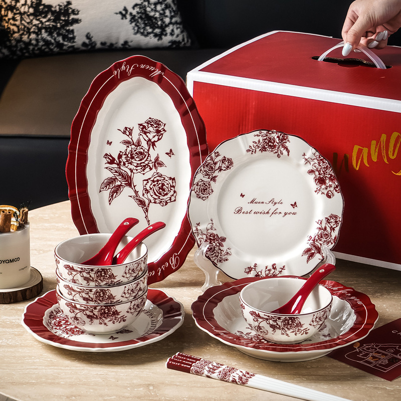 Underglaze Color Craft Ceramic Flower Tableware Set Newlywed Housewarming Festive Dishes and Plates Combination Friends Moving Gifts