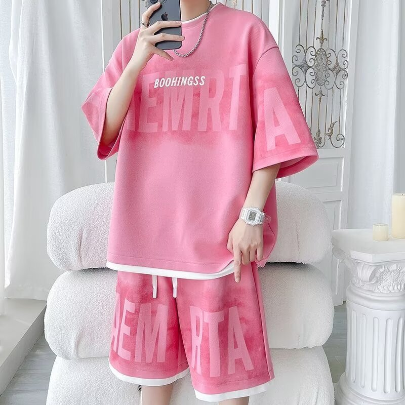 Youth English-Style Short-Sleeved T-Shirt Paired with Shorts, Trendy Brand Fashion Summer Large Size Stylish Casual Sports Suit for Men