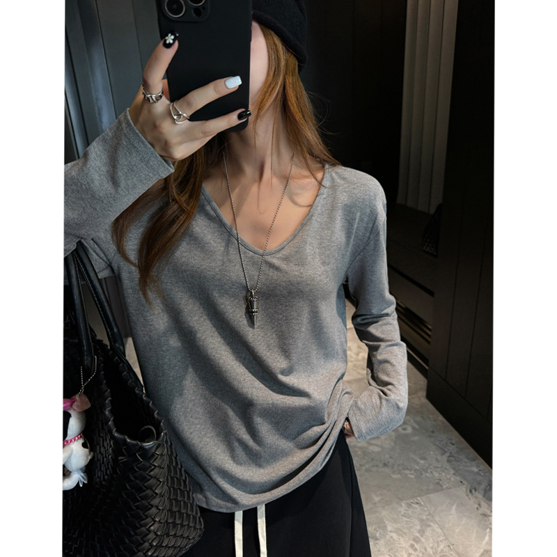 여성용 레이지 스타일 그레이 브이넥 루즈 버전 긴팔 티셔츠, 캐주얼하고 활용도가 높은 가을 겨울 이너웨어, 심플한 밑단 셔츠 탑