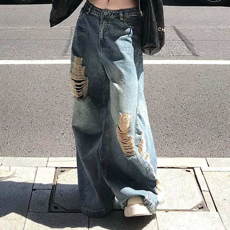 Women's Sexy Loose Fitting Relaxed Fit Denim Jeans American Style Retro Distressed Ripped Floor Length Pants New Spring_mkmklike.com