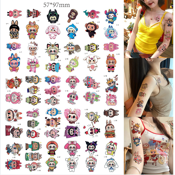 Cartoon Colorful Water Transfer Temporary Tattoo Stickers Cute Girl Labubu Labubu Summer Cute Tattoo Stickers
