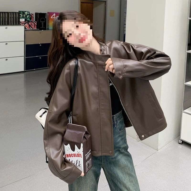 Maillard Coffee-Colored Small Leather Jacket for Women 2025 Autumn and Winter New High-End Street Style Petite Biker Jacket