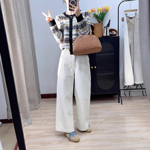 天然棉加绒米白色直筒牛仔裤女高腰宽松显瘦阔腿九分裤品质牛仔裤