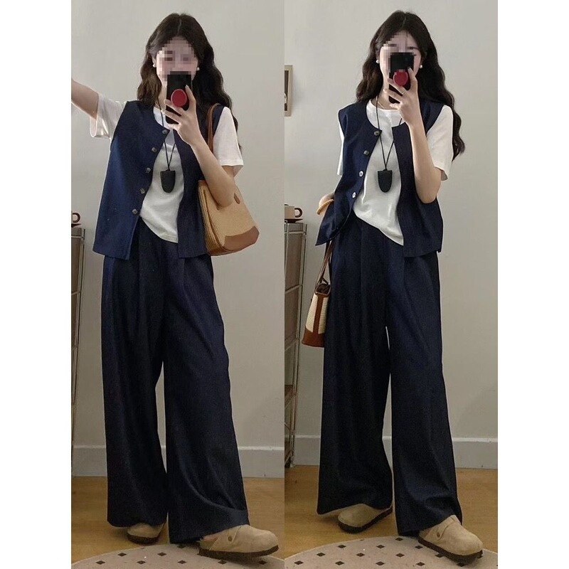 Plus-Size Fashion Three-Piece Set for Summer: New Versatile Short-Sleeve Top, Denim Vest, and Casual Wide-Leg Pants