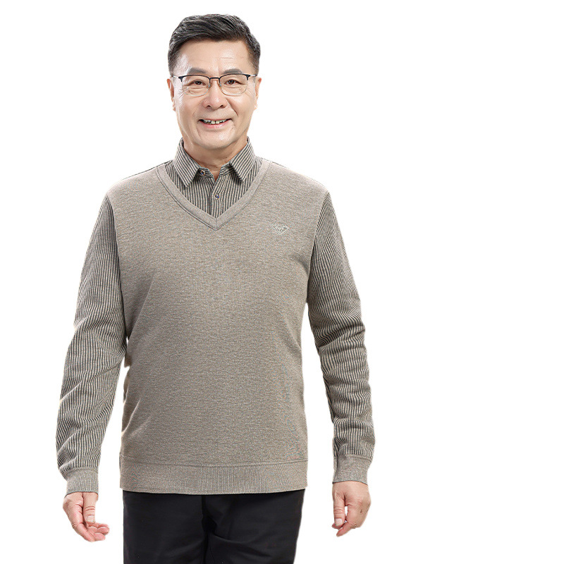 중년 및 노인 가을, 겨울 아빠의 가짜 투피스 풀오버 따뜻한 옷깃 셔츠 칼라 카디건 스웨터 할아버지 플러스 벨벳