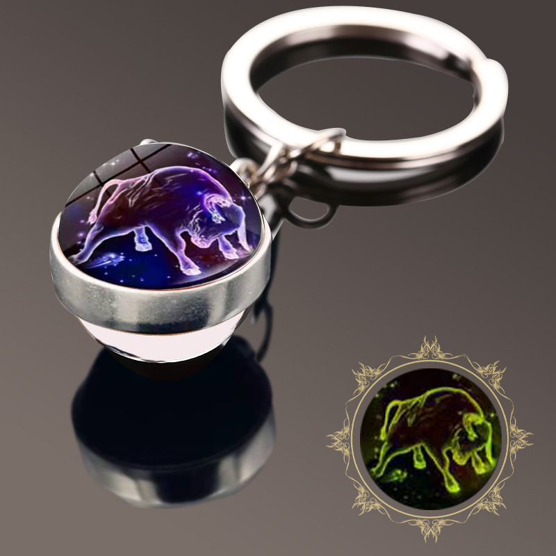 Amazon nuevo luminoso doce constelación tiempo gema de doble cara bola de cristal llavero colgante pequeño regalo