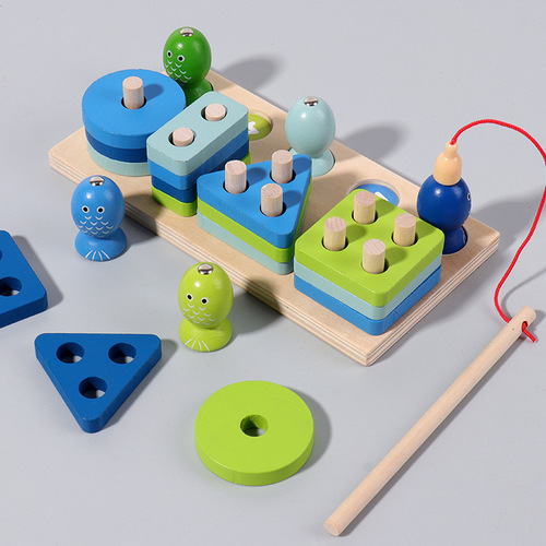 2-in-1 Stereo Magnetic Fishing Set Building Blocks for Kids Montessori Shape Recognition Matching Early Education Wooden Toy