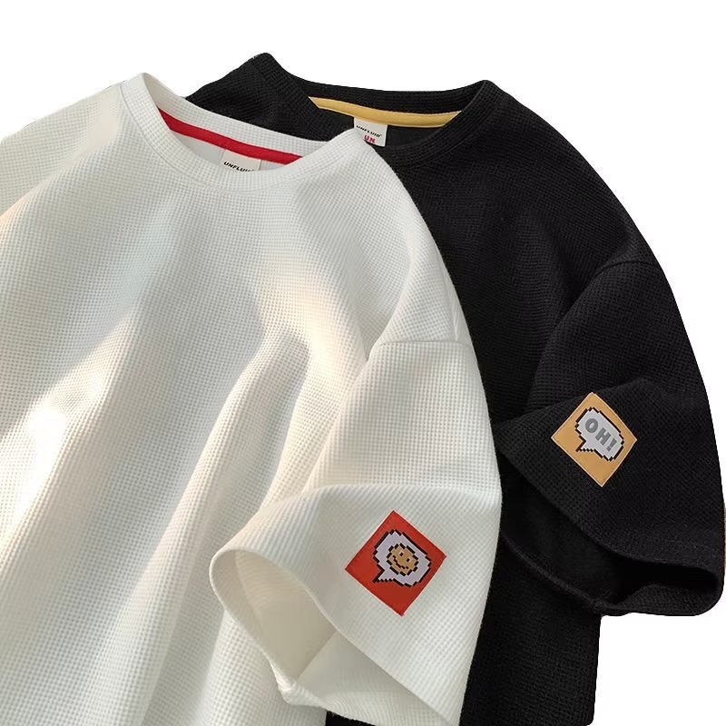 Men's and women's T-shirt waffle texture full color printing fashion cute men's short sleeve T-shirt English cross-border round neck