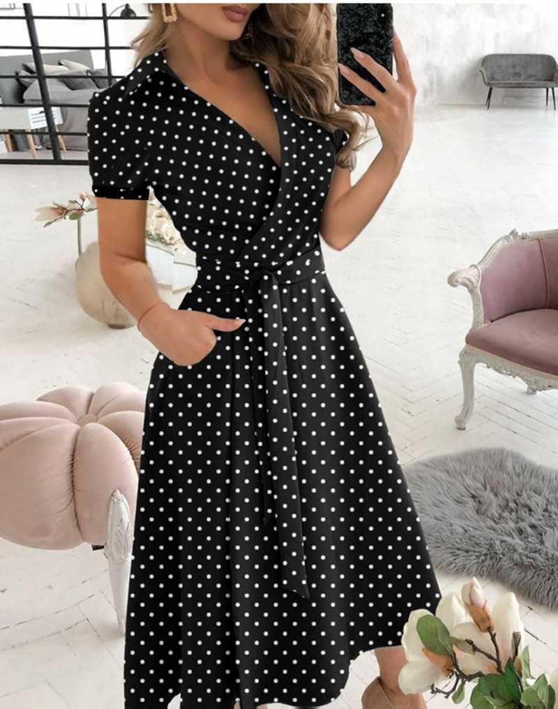 Women's A-line Skirt Fashion V Neck Patchwork Short Sleeve Polka Dots Solid Color Midi Dress Daily display picture 1