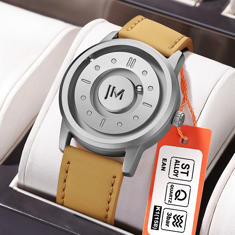 JM磁力悬浮男士手表防水创意手表休闲石英表个性钢珠显示皮革男表