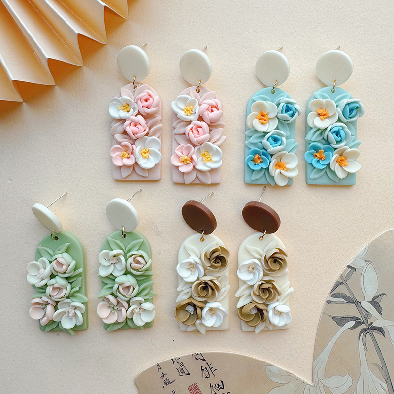 European and American Cross-Border Minimalist Handmade Floral Soft Clay Earrings for Women, Niche High-End Polymer Clay Ear Accessories