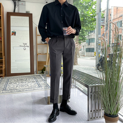 【Clearance】Men's Long-Sleeve Spring and Autumn Shirts Korean Style Trendy Loose Collared Shirts Business Formal High-End Plain Color Inches