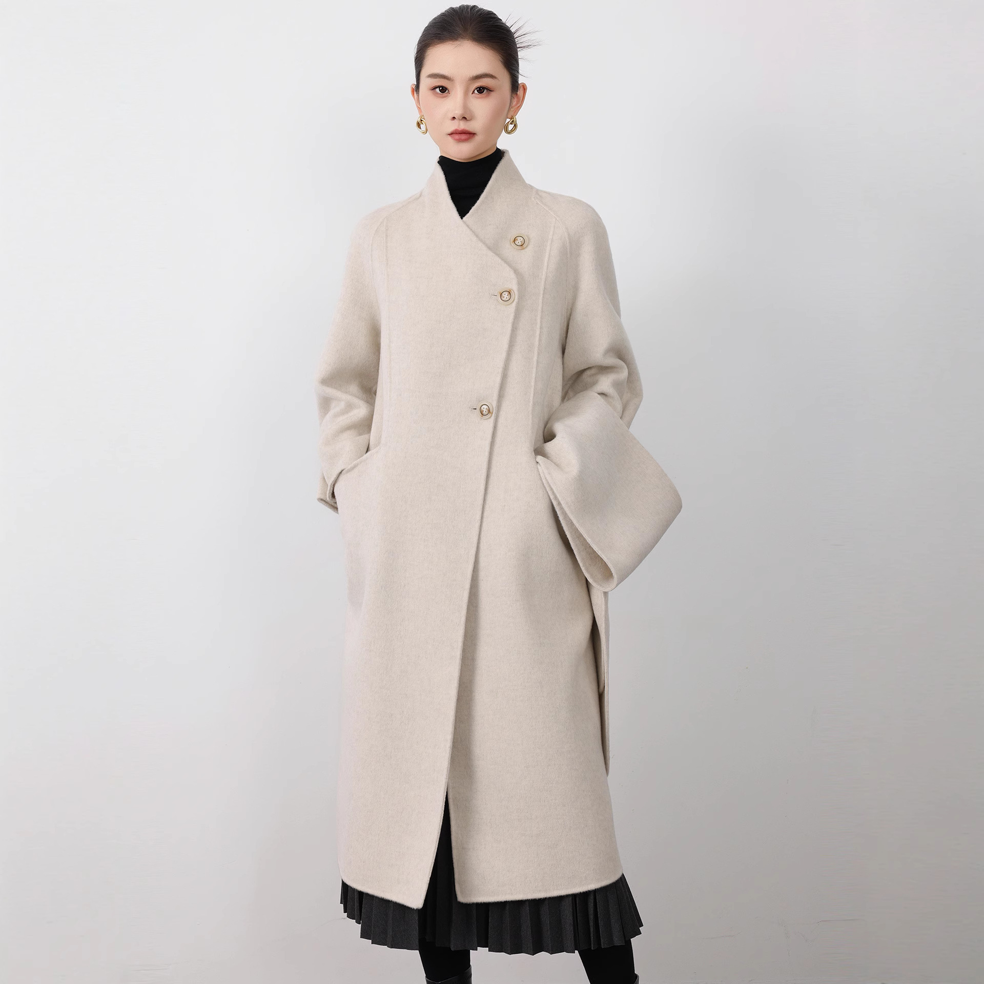 High-End Wool Outwear Women's Stand-Up Collar Loose Simple Style Autumn Mid-Length Scarf Style Double-Sided Woolen Outwear Jacket