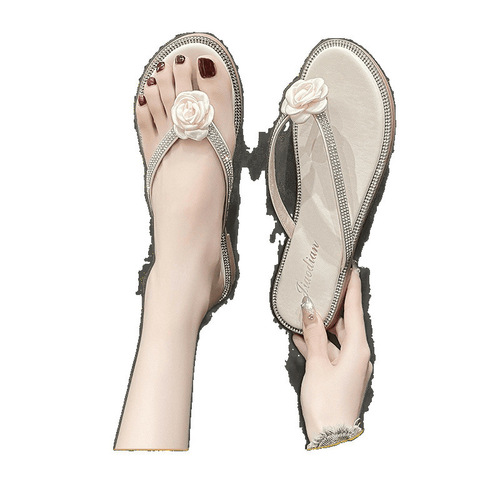 2025 Summer Women's Crystal-Trimmed Flip-Flops: Stunning Fairy-Style Flat-Heeled Beach & Seaside Sandals Perfect for Outdoors