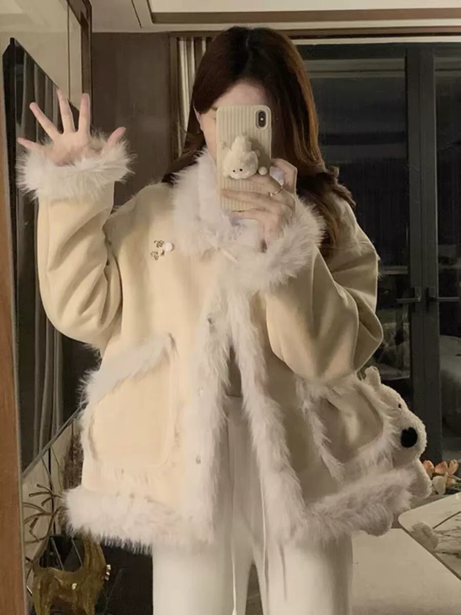Xiaxiangfeng молочно-белая шерстяная куртка женская зимняя мягкая клейкая новая свободная бархатная утолщая теплая топ прилив