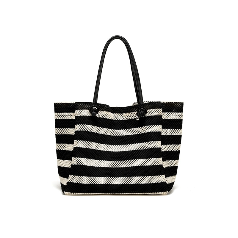 New Lazy Style Vacation Tote Bag Large Capacity Canvas Handbag For Women Black And White Striped Contrast Underarm Shoulder Bag - Thumbnail 5