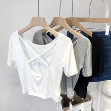 2025夏季新款韩版修身显瘦小心机交叉美背短款打底短袖T恤上衣女
