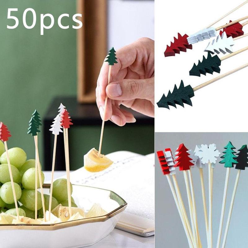 50pcs圣诞水果签一次性竹签雪花圣诞树麋鹿圣诞老人雪人|undefined