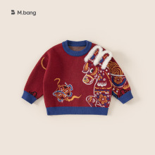 邦选男童毛衣国风生肖马年宝宝套头衫冬季新品卡通撞色儿童上衣
