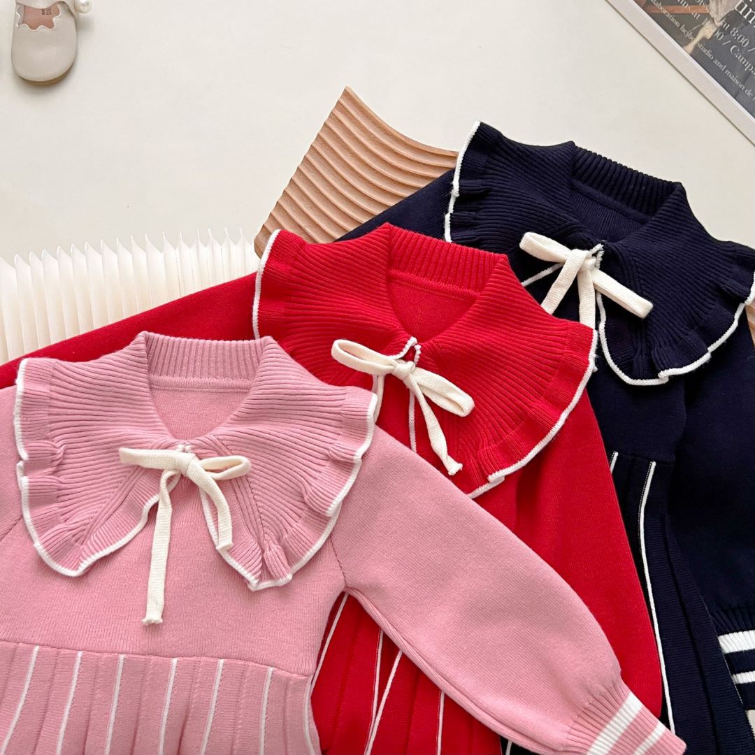 JINYONG Moda lavorata a maglia per ragazze Nuovo colletto ribaltabile Abito da principessa Gonna maglione per bambini occidentale Alla moda_voghion.com