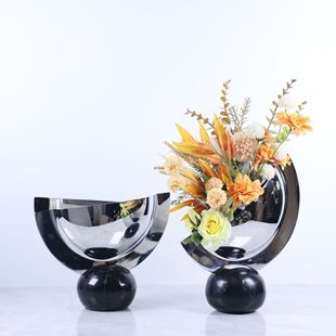 Nordic Creative Geometric Glossy Stainless Steel Marble Base Flower Holder Coffee Table Hotel Restaurant Dried Flower Decorative Vase