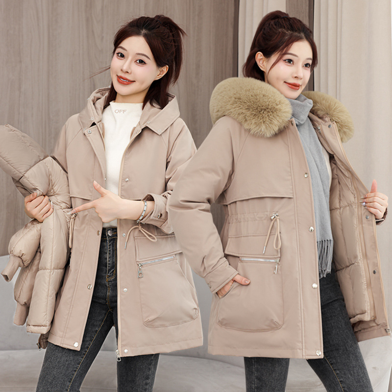 2025 ropa de algodón desmontable para mujeres otoño y invierno nuevo cuello de cabello grande coreano medio largo suelto y grueso chaqueta de algodón lote