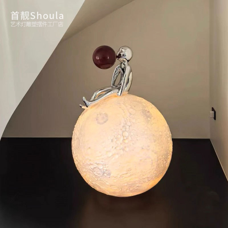 现代卡通落地软装吹泡泡人物月球灯雕塑摆件玄关样板房艺术装置品