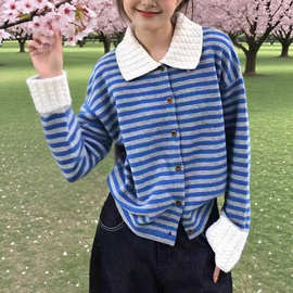2025秋冬新款韩版宽松显瘦条纹POLO领毛衣外套女百搭休闲针织开衫