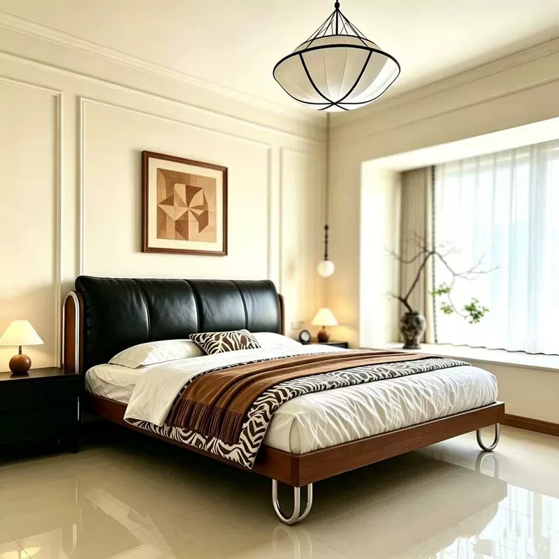French-style retro leather bed with a classic design, solid wood frame, suitable for a master bedroom, with a detachable and adjustable headboard and upholstered headrest, a double bed